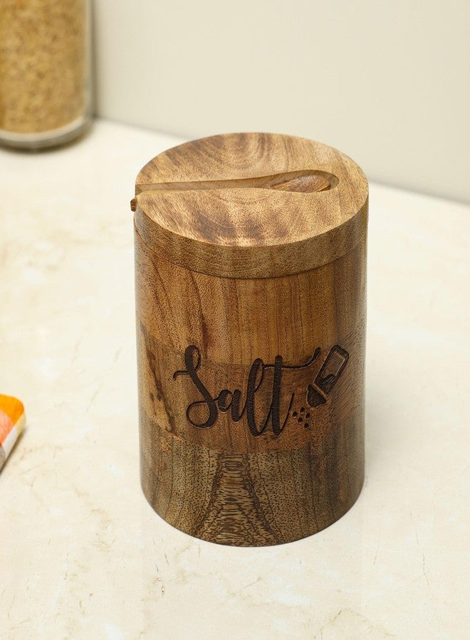 dudki Wooden Salt Box with Magnetic Lid with Attached Spoon on Top| 800 ML Round Salt Container| Bowl Pot Jar Salt Box | Mango Wood for Dinning Table| Kitchen Home - Image 1